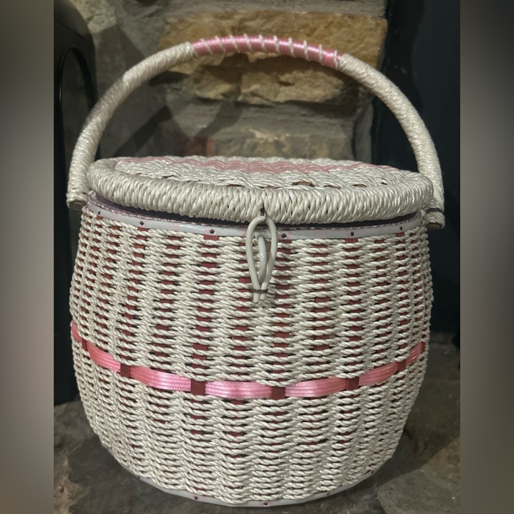 Vintage Singer Woven Sewing Basket and Contents